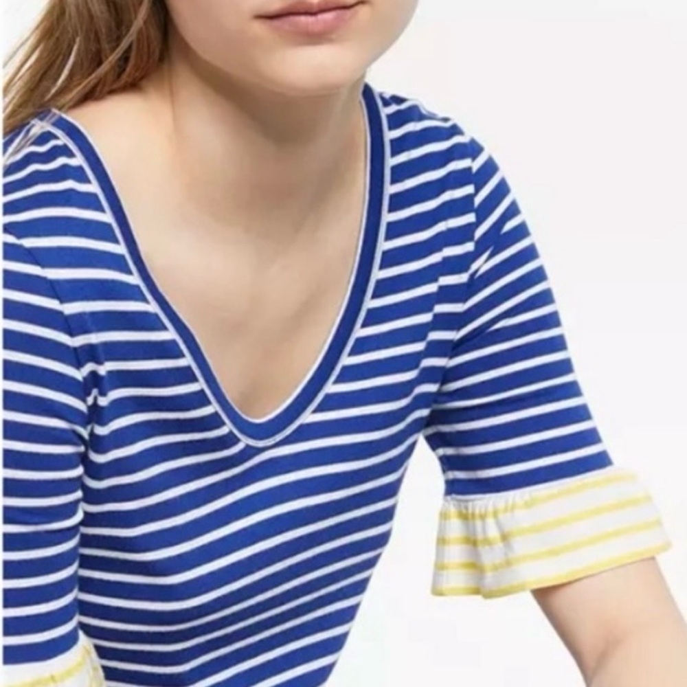 BODEN Imogene Striped Cotton- Blend Jersey Dress with Ruffle Sleeves - Picture 2 of 9